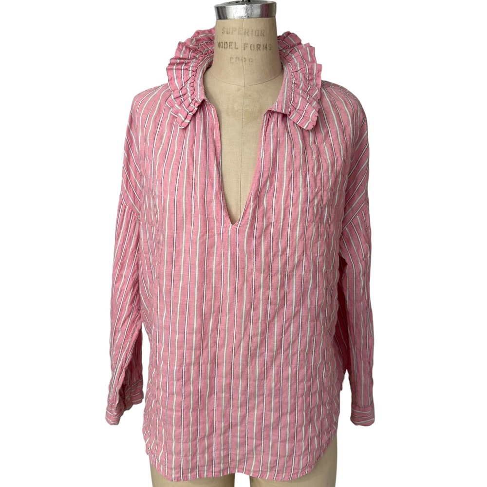 A Shirt Thing Popover Blouse Womens Small Pink Striped Ruffle Collar Textured